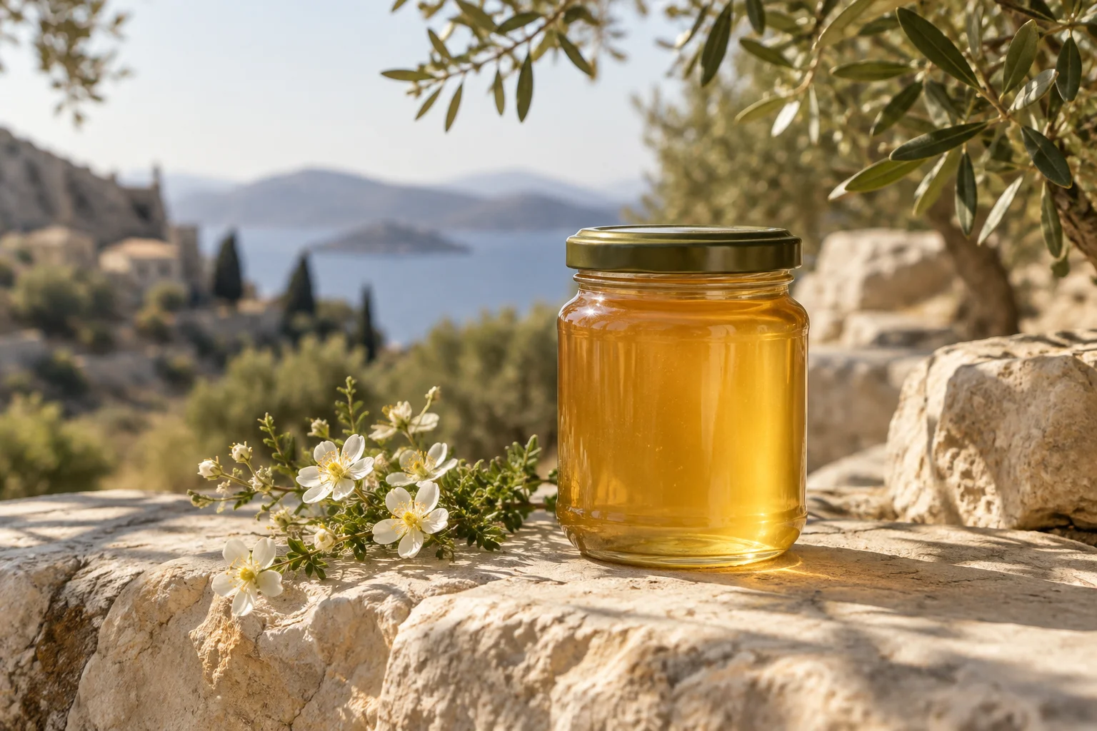 Ενδεικτική εικόνα: βάζο με χρυσαφένιο μέλι δίπλα σε λευκά αγριολούλουδα